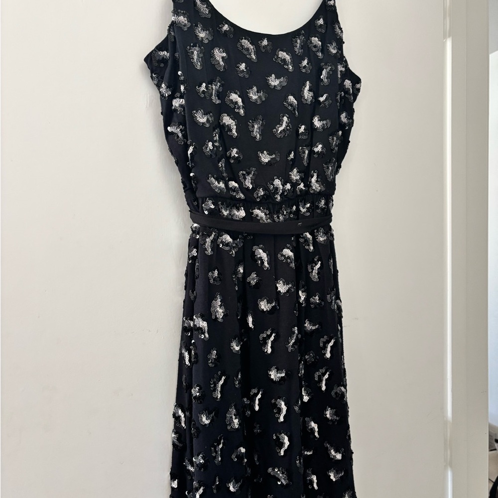 Express Black Sleeveless Midi Dress with Silver Sequin Accents